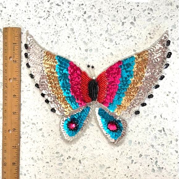 Vintage Butterfly Sequin Patch Large Light Blue Turquoise & Dark Blue - Picture 4 of 7
